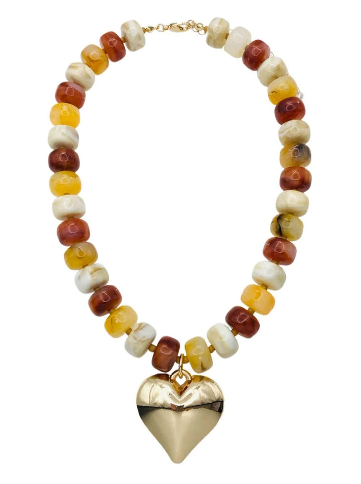 Brown, Yellow, Natural Chunky Beaded with Gold Heart Charm 16"-18" Necklace