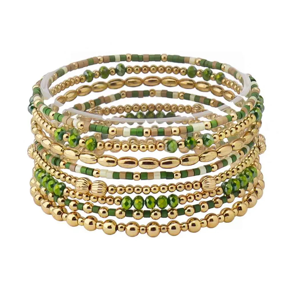 Set of 8 Green Seed Bead & Crystal and Gold Stretch Bracelet