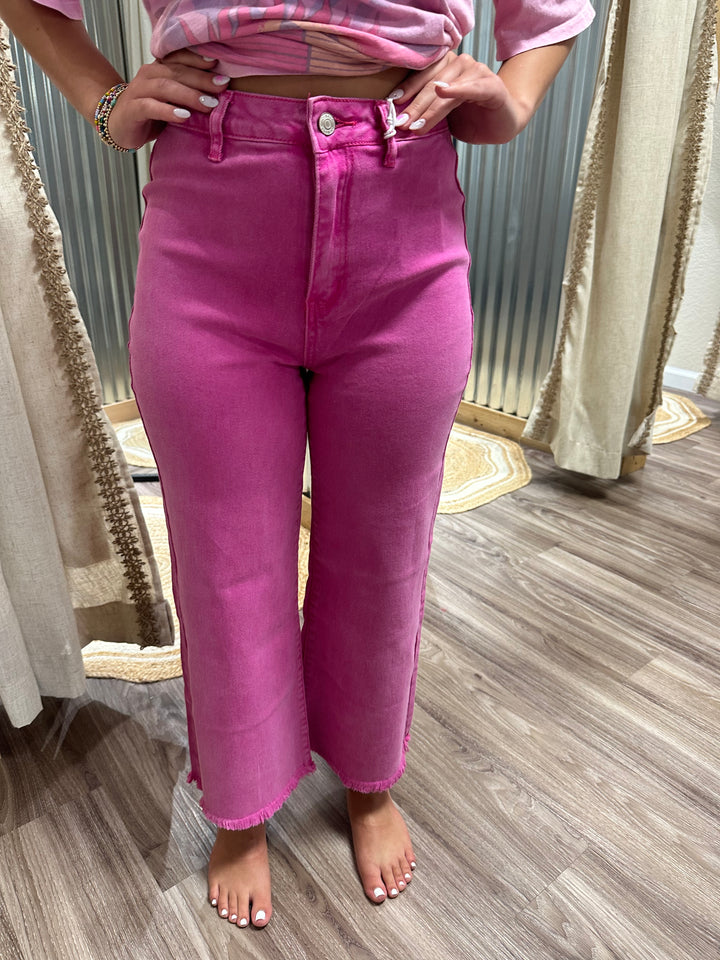 HOT PINK- ACID WASHED HIGH WAIST FRAYED HEM STRAIGHT PANTS