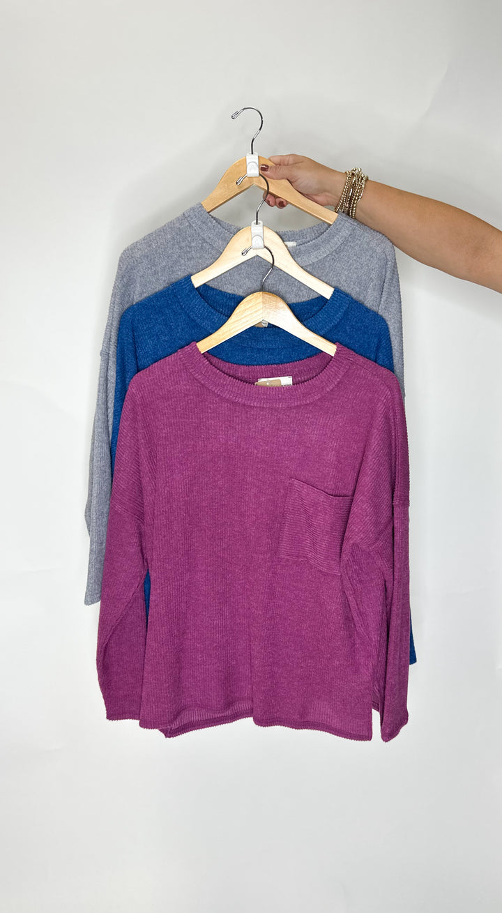 Ribbed Brushed Melange Hacci Sweater w/ Pocket - Heather Gray