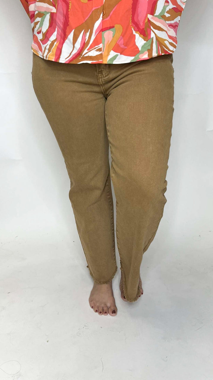 Acid Washed Frayed Hem Bootcut Pants - Deep Camel