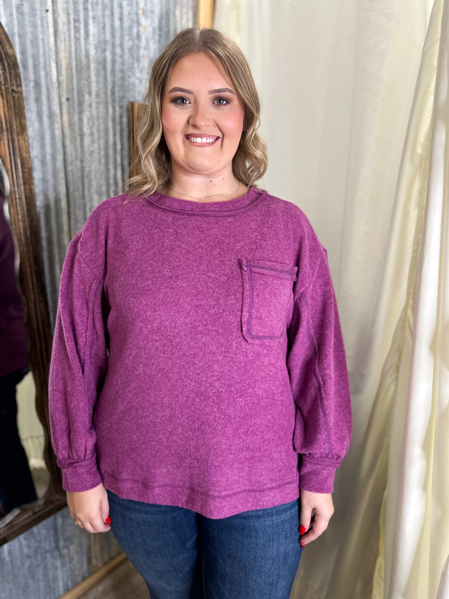 Curvy Brushed Hacci Hi-Low Round Neck Sweater - Light Plum