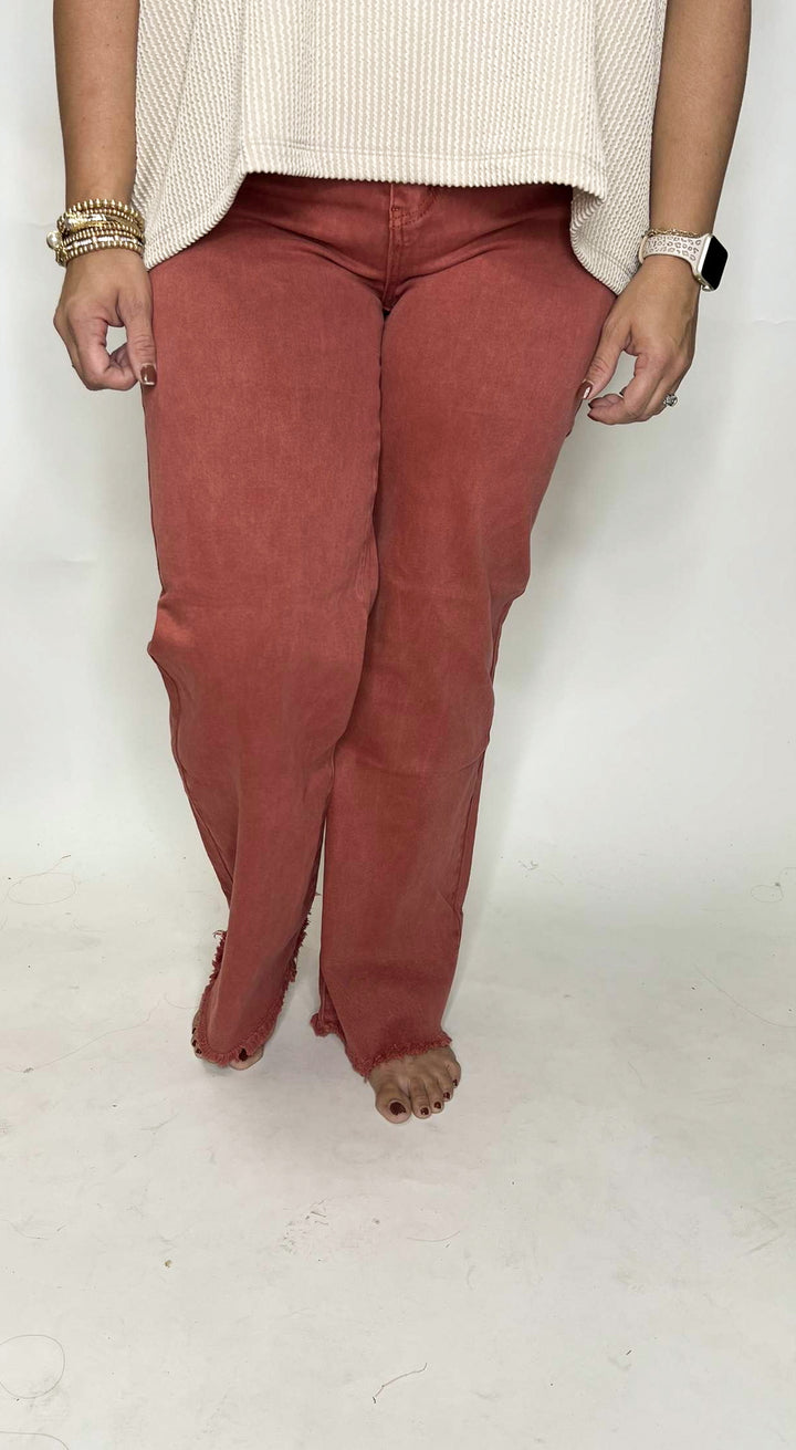 Acid Washed Frayed Hem Straight Pants - Cabernet