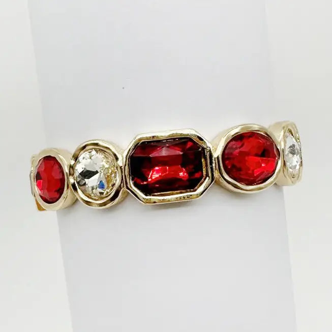 Gold with Red and Clear Crystals Stretch Bracelet