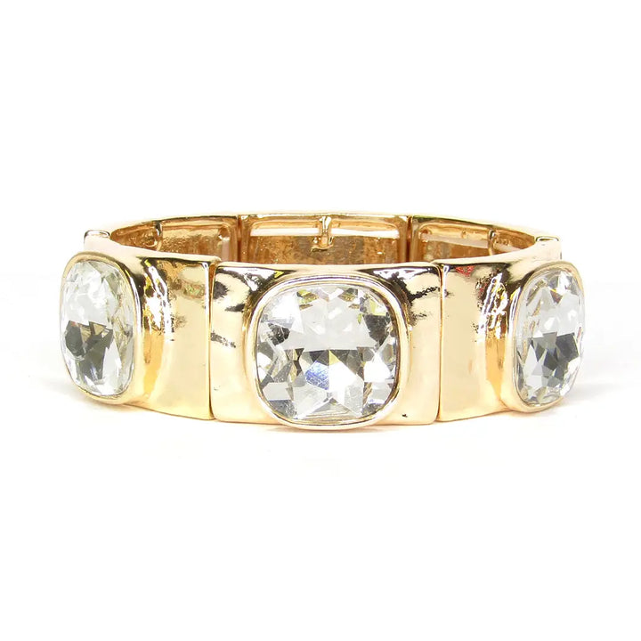 Gold with Clear Crystal with Gold Square Stretch Bracelet