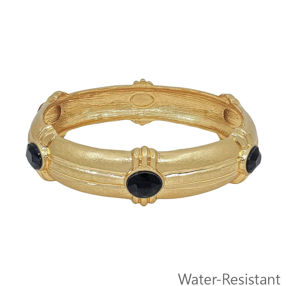 Gold Hammered Elegant Bangle with Black Crystal Accents