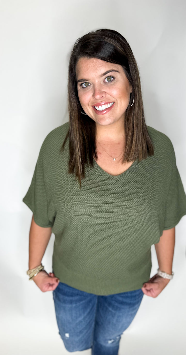 V-Neck Short Sleeve Dolman Sweater - Olive