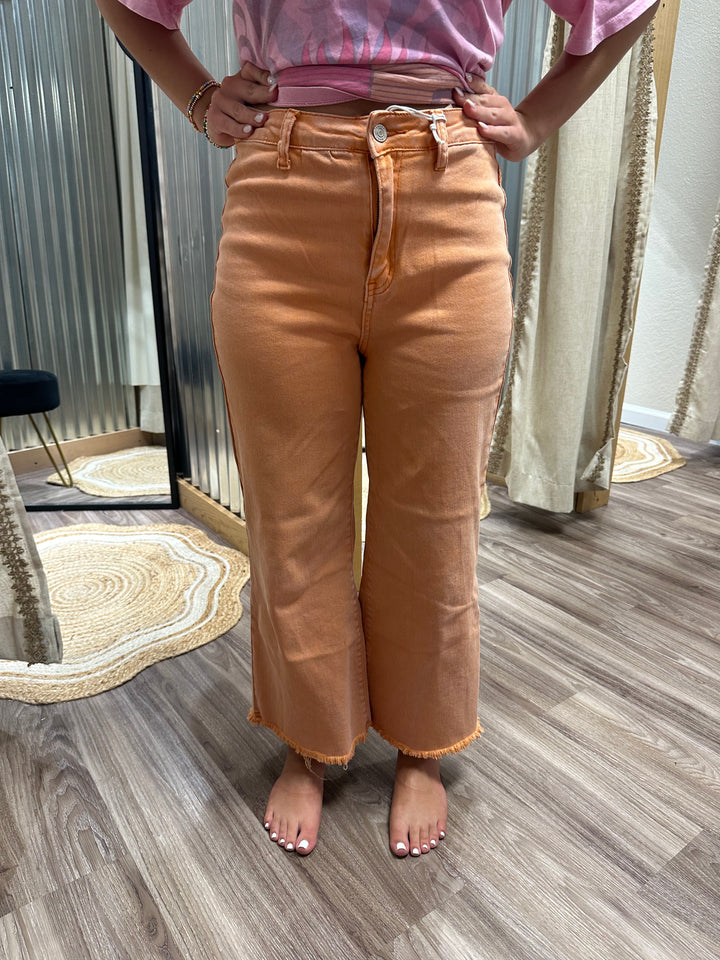 ORANGE- ACID WASHED HIGH WAIST FRAYED HEM STRAIGHT PANTS
