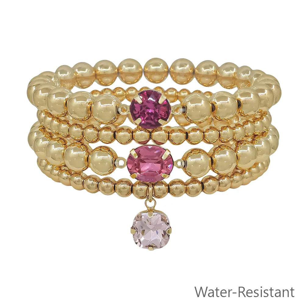 Gold Beaded with Pink Crystal Accents Set of 4 Stretch Bracelets