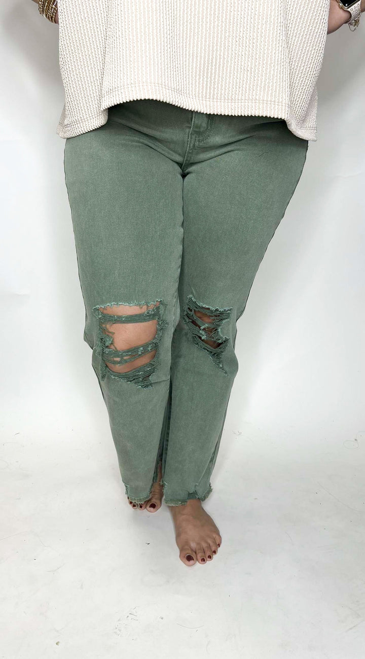 Acid Washed Distressed Straight Pants - Olive