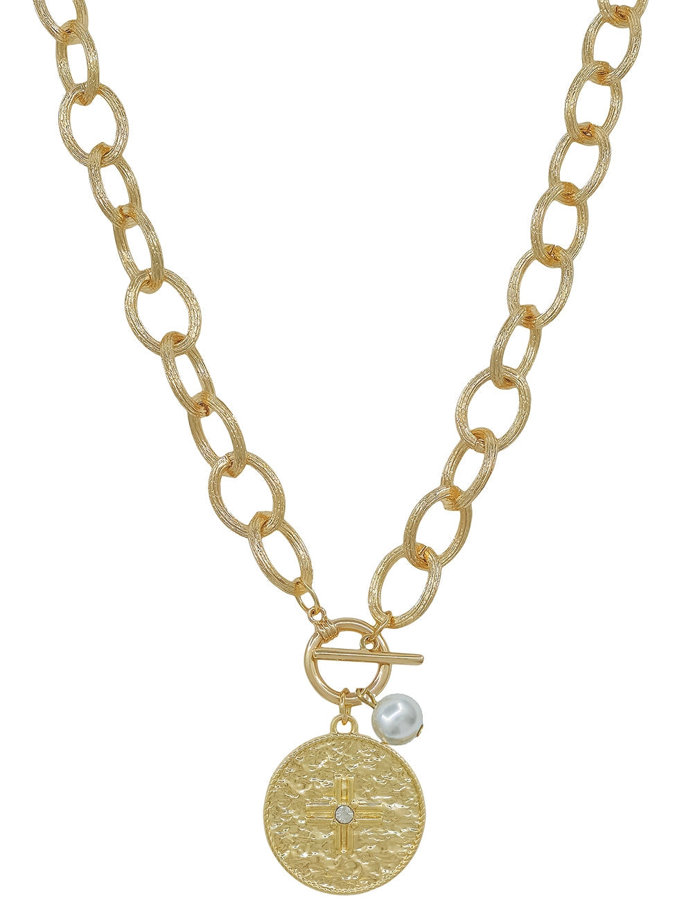 Gold Open Chain with Hammered Coin Toggle Charm Necklace
