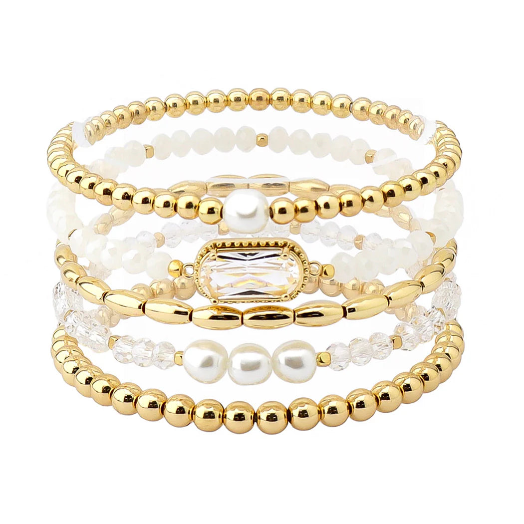 White GLASS STONE FRESHWATER PEARL ACCENT MULTI LAYERED BEADED STRETCH BRACELET