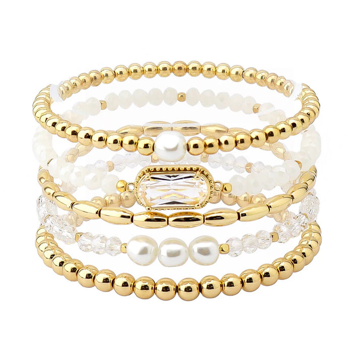 White GLASS STONE FRESHWATER PEARL ACCENT MULTI LAYERED BEADED STRETCH BRACELET