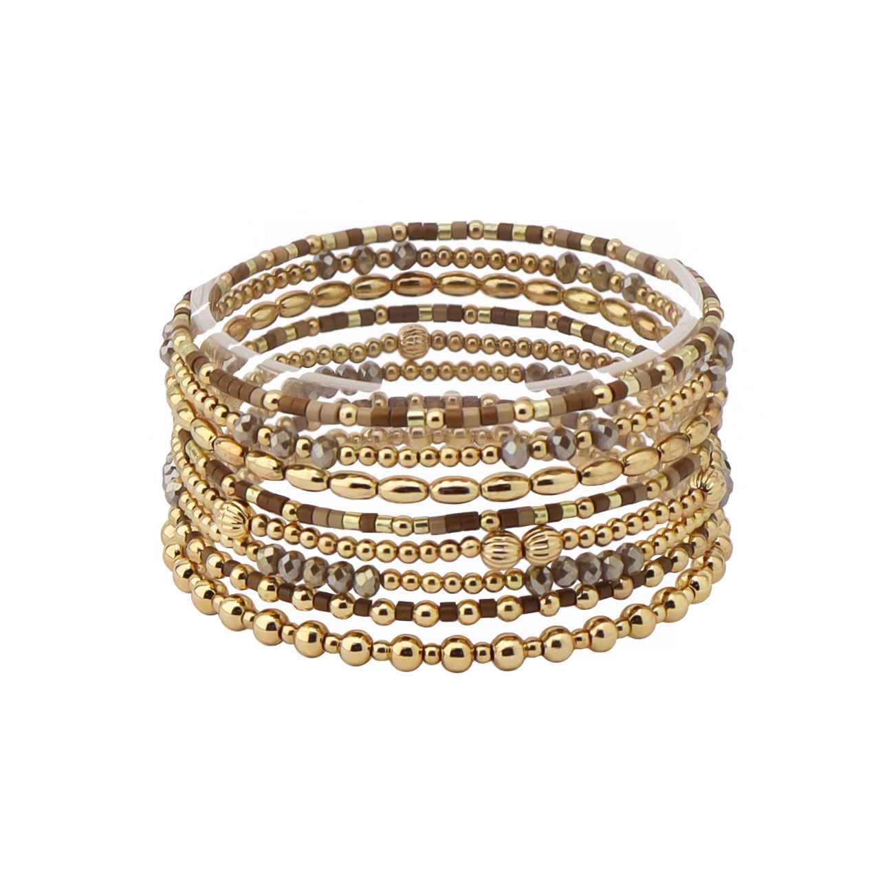 Brown Sead Bead and Gold Beaded Set of 9 Stretch Bracelet