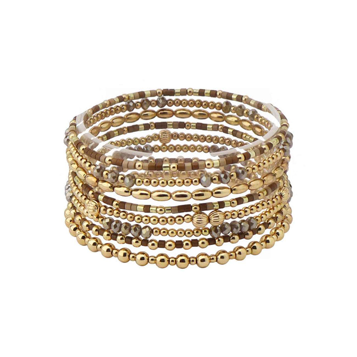 Brown Sead Bead and Gold Beaded Set of 9 Stretch Bracelet