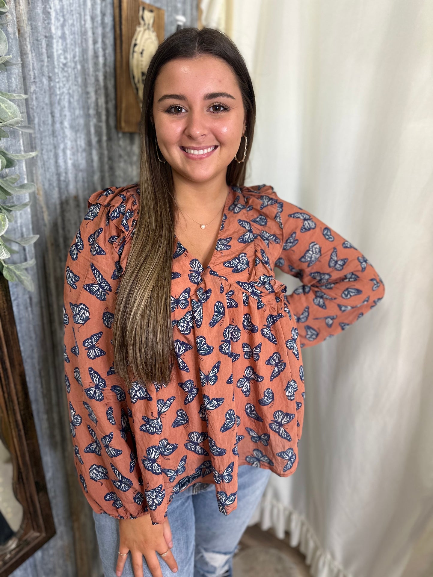 Simply Southern Tieback Blouse- Butterfly