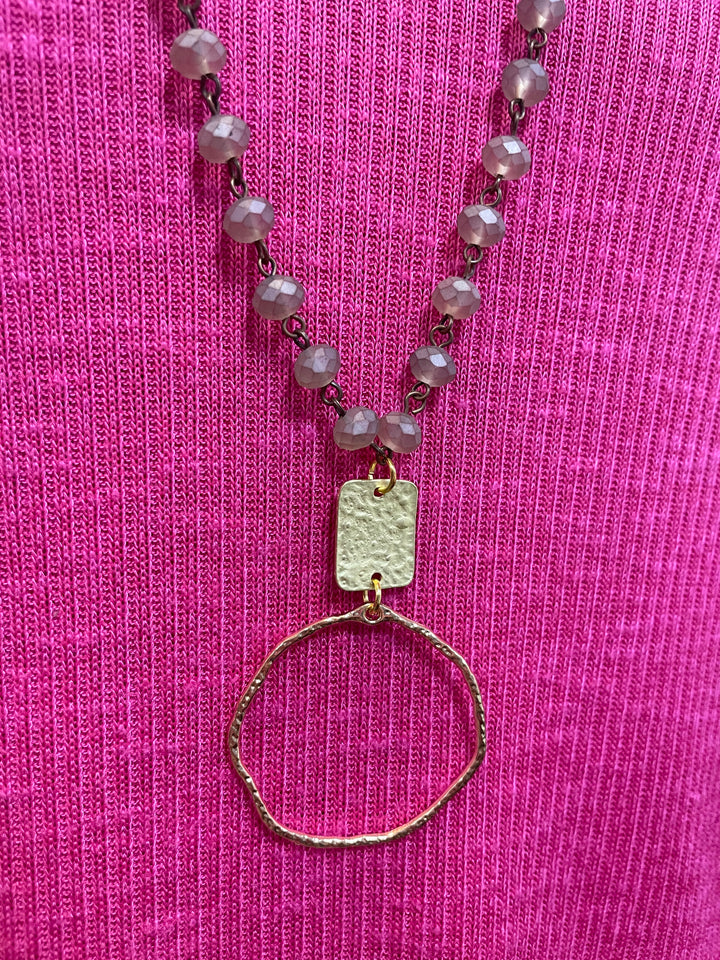 Beaded Hammered Circle Pendant Necklace