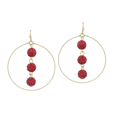 Red Crystal 3 Beaded Drop Gold Circle Earrings