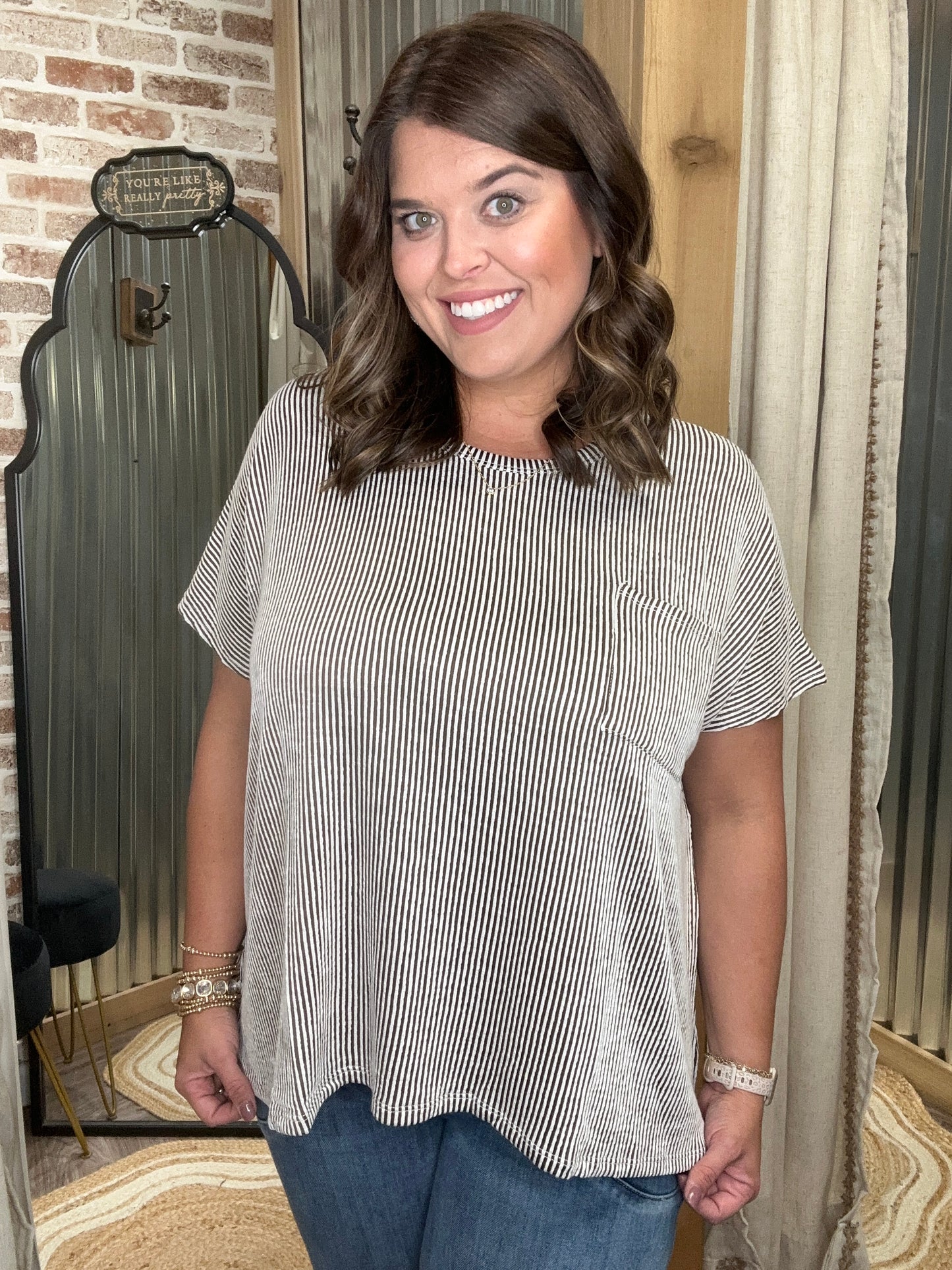 CORDED RIB OVERSIZED SHORT-SLEEVE TOP | Brown