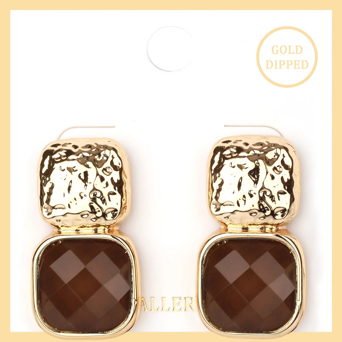 Gold Hammered Square with Brown Green Acrylic Stone 1" Earring