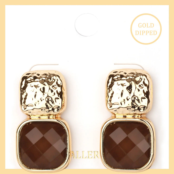 Gold Hammered Square with Brown Green Acrylic Stone 1" Earring