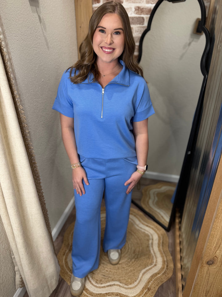 CORNFLOWER BLUE | SCUBA HIGH NECK HALF ZIP TOP & PANTS SET