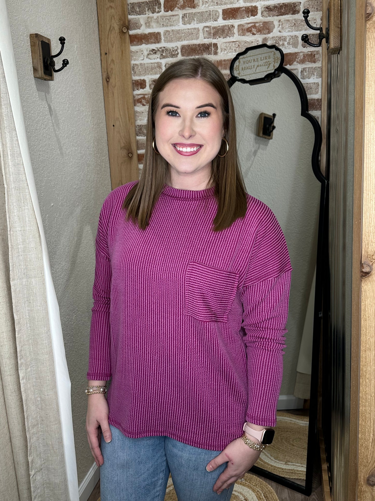 Plum| RAISED RIB LONG SLEEVE DROP SHOULDER TOP