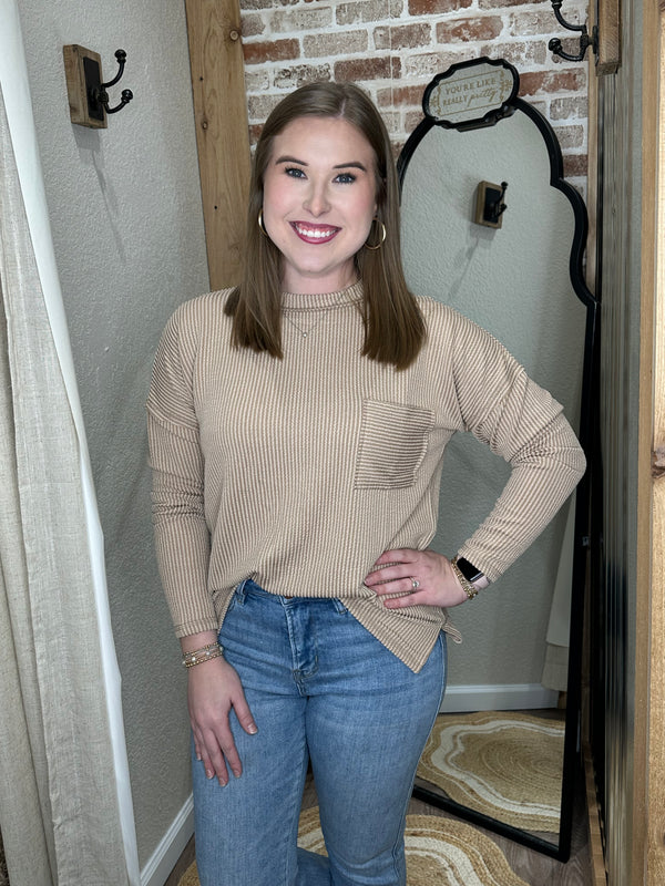 LT Mocha| RAISED RIB LONG SLEEVE DROP SHOULDER TOP