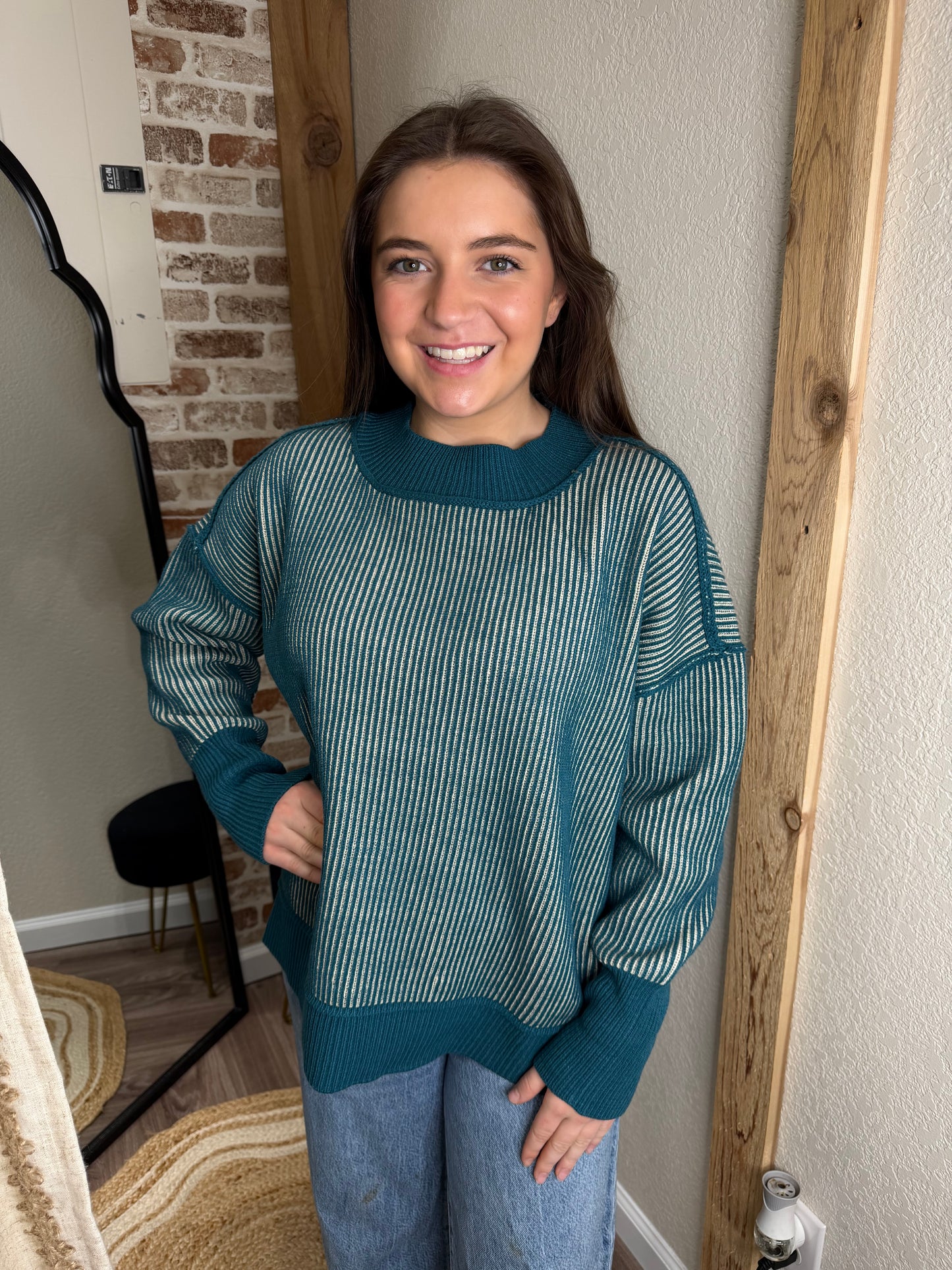 Teal| EXPOSED SEAM TWO TONE SWEATER