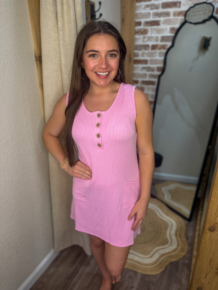 PINK | CORDED RIB SLEEVELESS TANK MINI DRESS WITH POCKETS