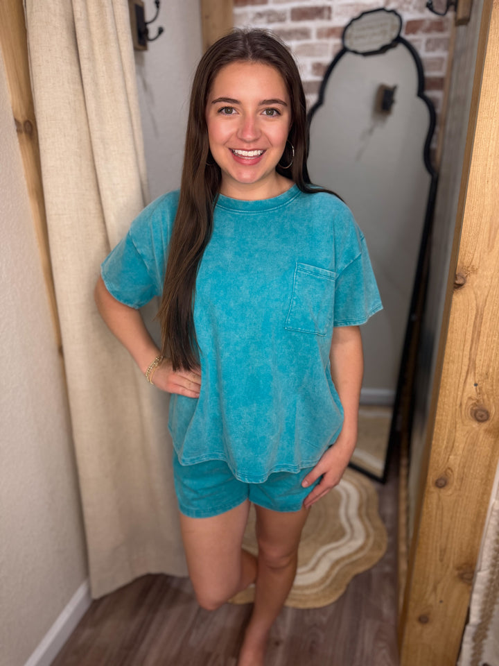 LT TEAL | FRENCH TERRY ACID WASHED RELAXED TOP & SHORT SET