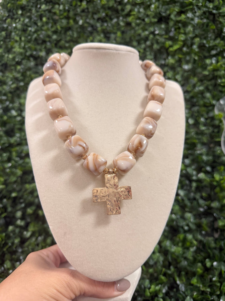 Water Resistant 16MM Natural Resin Beaded Cross 18" Necklace