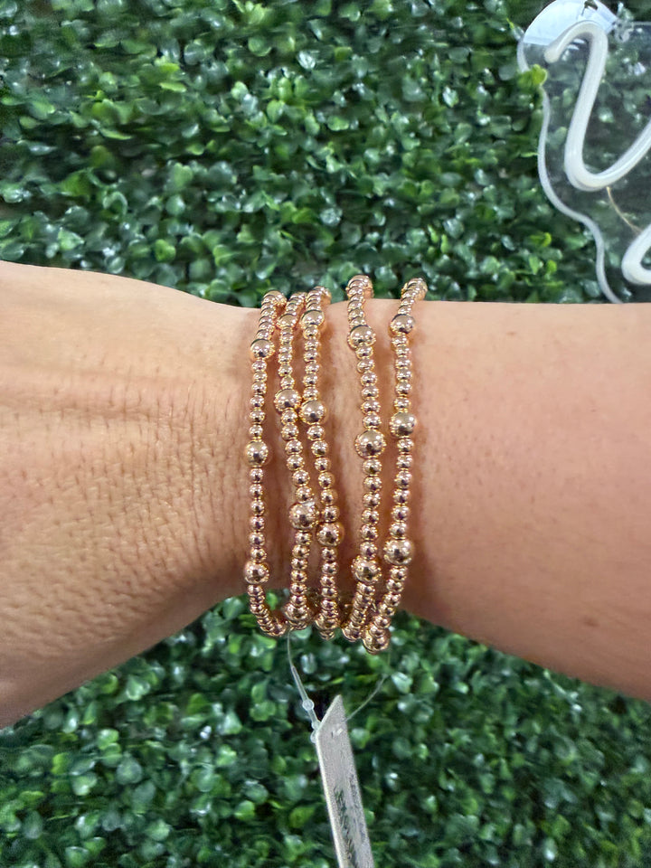 Water Resistant Set of 5 5MM & 3MM Gold Beaded Stretch Bracelet Set