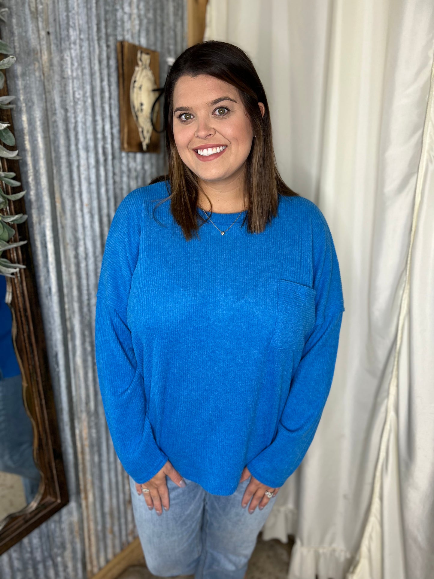 Curvy Ribbed Brushed Melange Pocket Sweater-Ocean Blue