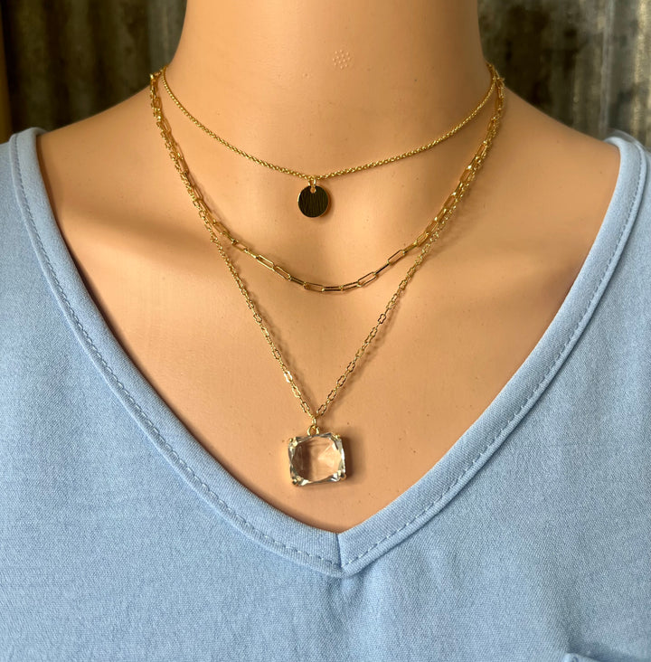 Gold Chain Layered Necklace with Clear Crystal Drop