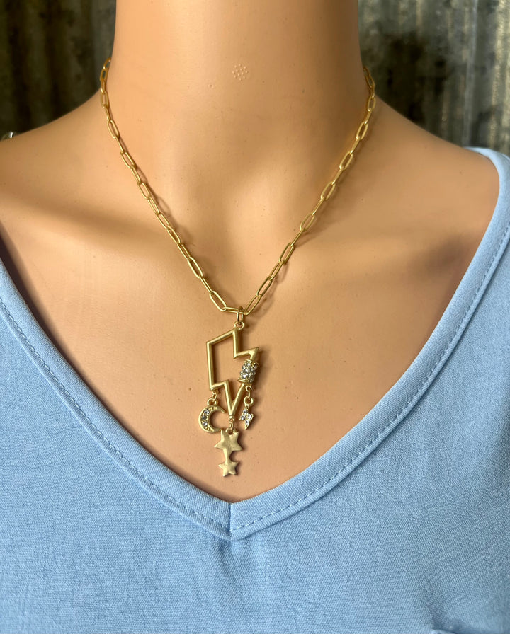 Gold Lightening Bolt Necklace with Charms