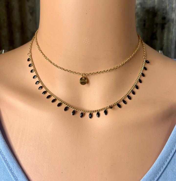 Gold Layered Necklace with Black Oval Stones