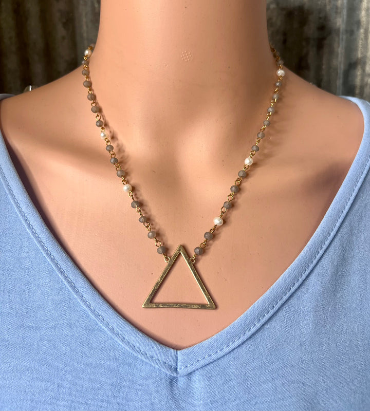 Grey Bead & Pearl Triangle Necklace