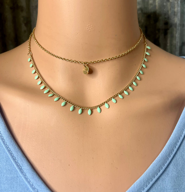 Gold Layered Necklace with Mint Oval Stones