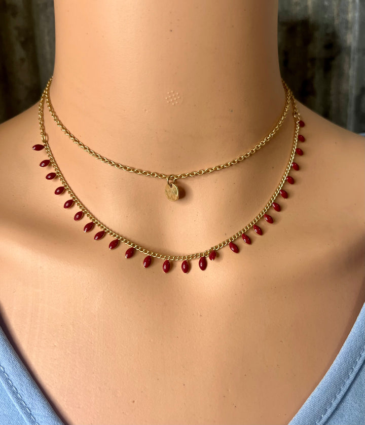 Gold Layered Necklace with Maroon Oval Stones