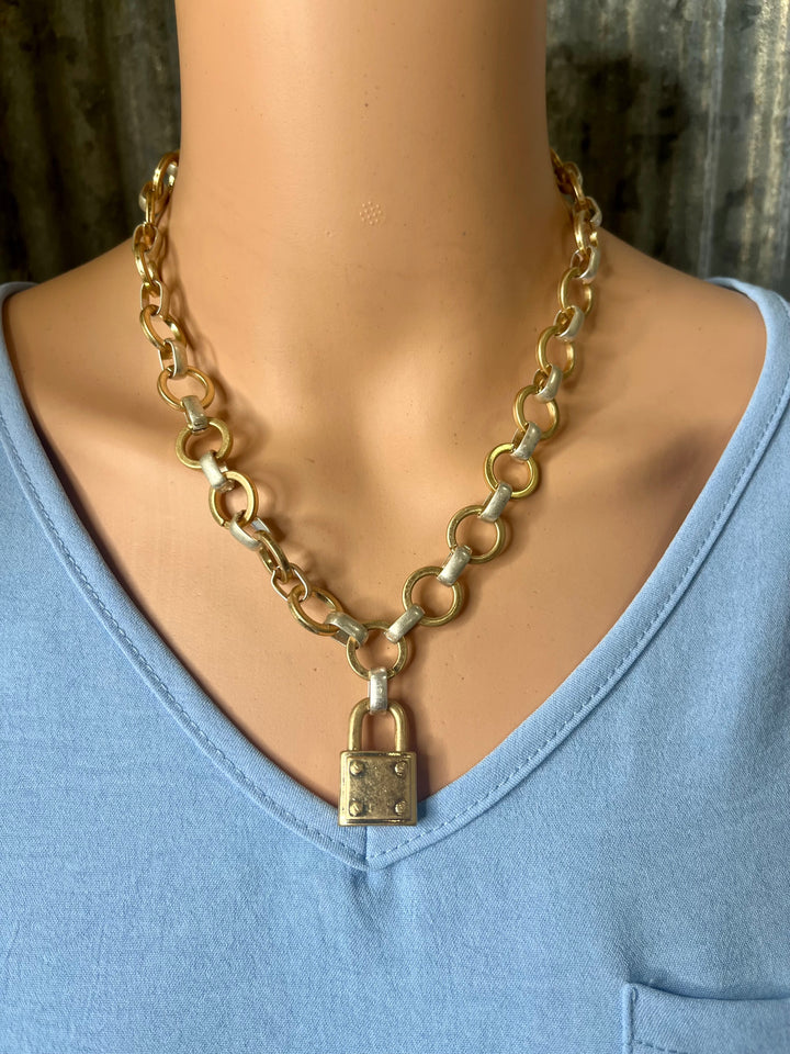 Gold & Silver Chain Link Necklace with Lock Pendant