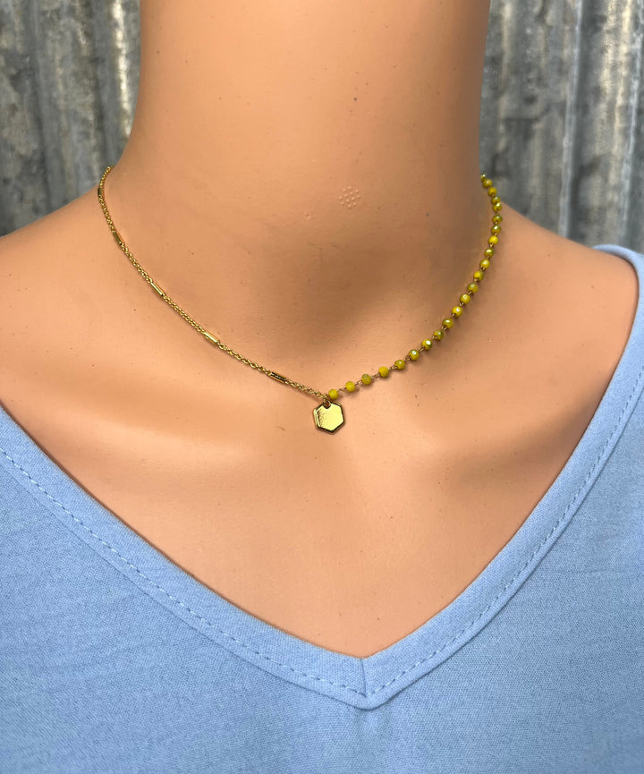 Gold & Green Beaded Necklace with Hexagon Pendant