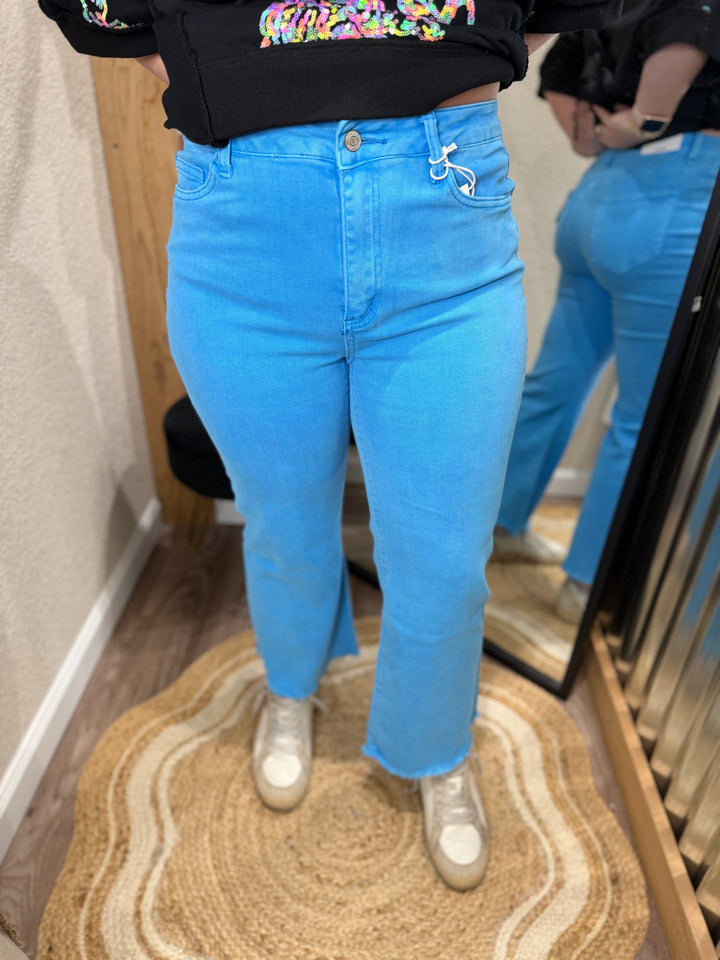 DEEP SKY | ACID WASHED HIGH WAIST FRAYED HEM BOOTCUT PANTS