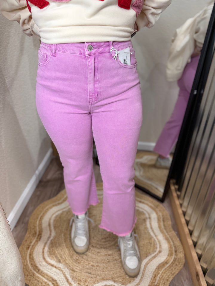 MAUVE | ACID WASHED HIGH WAIST FRAYED HEM BOOTCUT PANTS