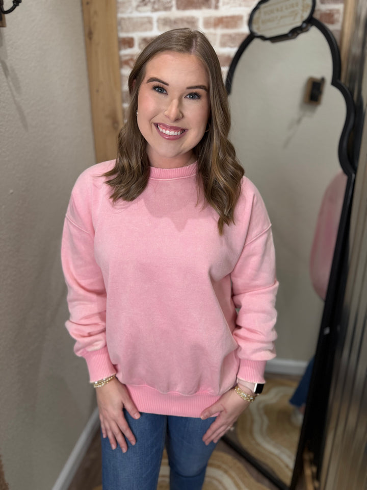 DK PINK | ACID WASHED FLEECE OVERSIZED PULLOVER
