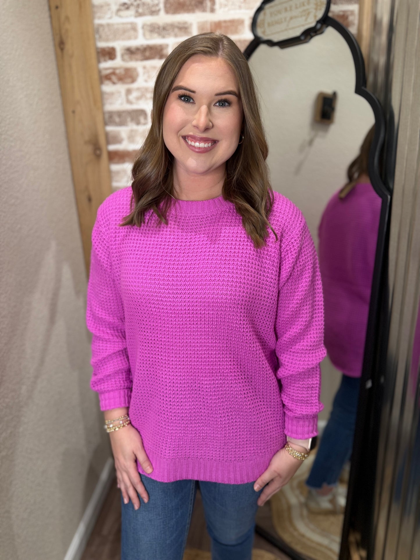 BRIGHT MAUVE | HI-LOW LONG SLEEVE ROUND NECK WAFFLE SWEATER