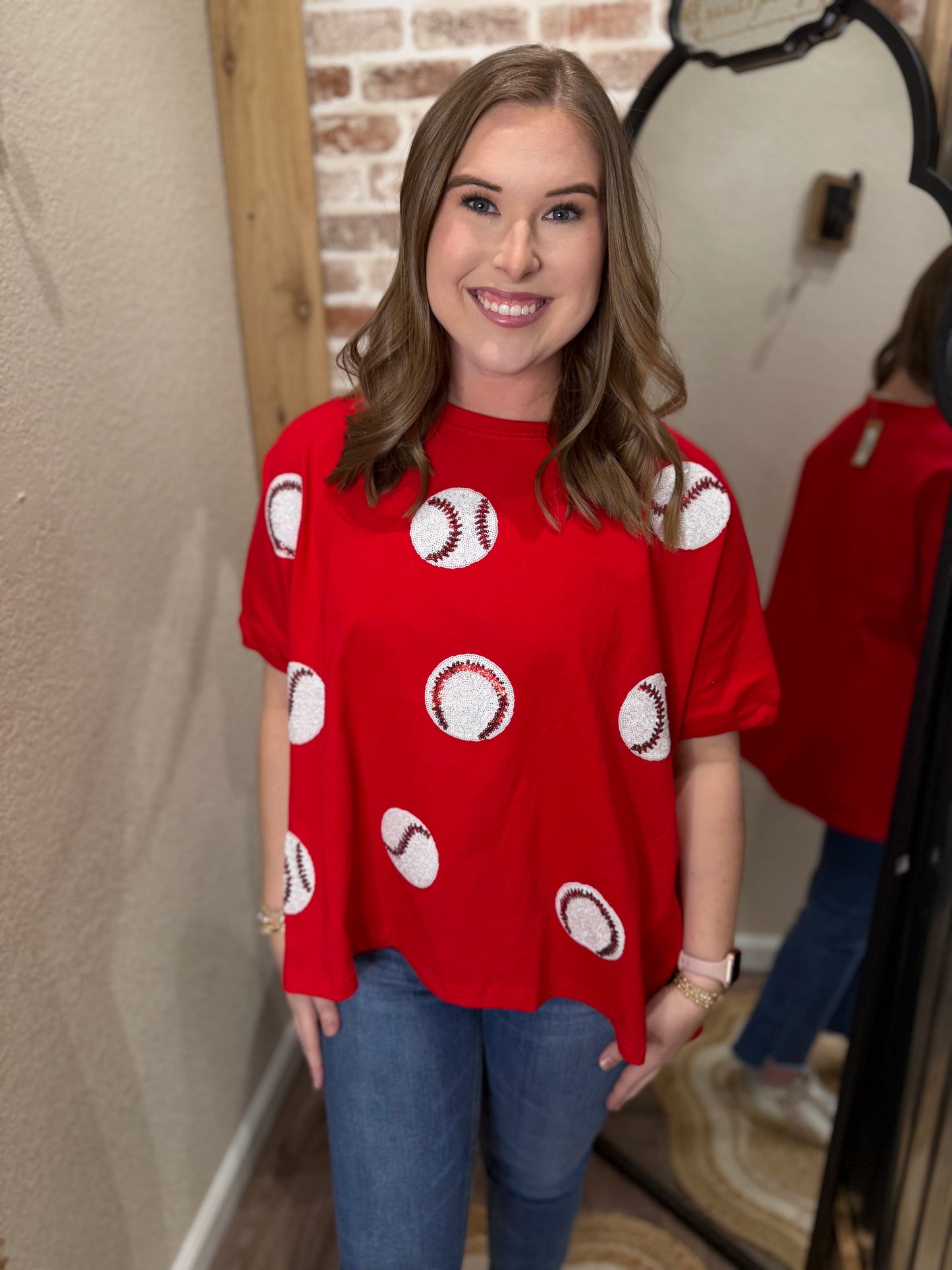 Red Baseball Sequin Top