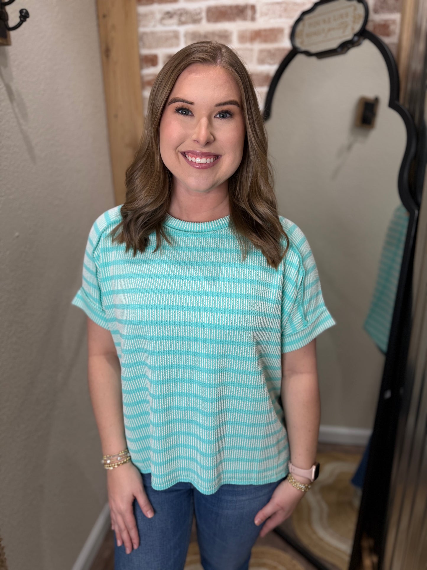 TURQUOISE | RAISED RIB STRIPED EXPOSED SEAM TOP