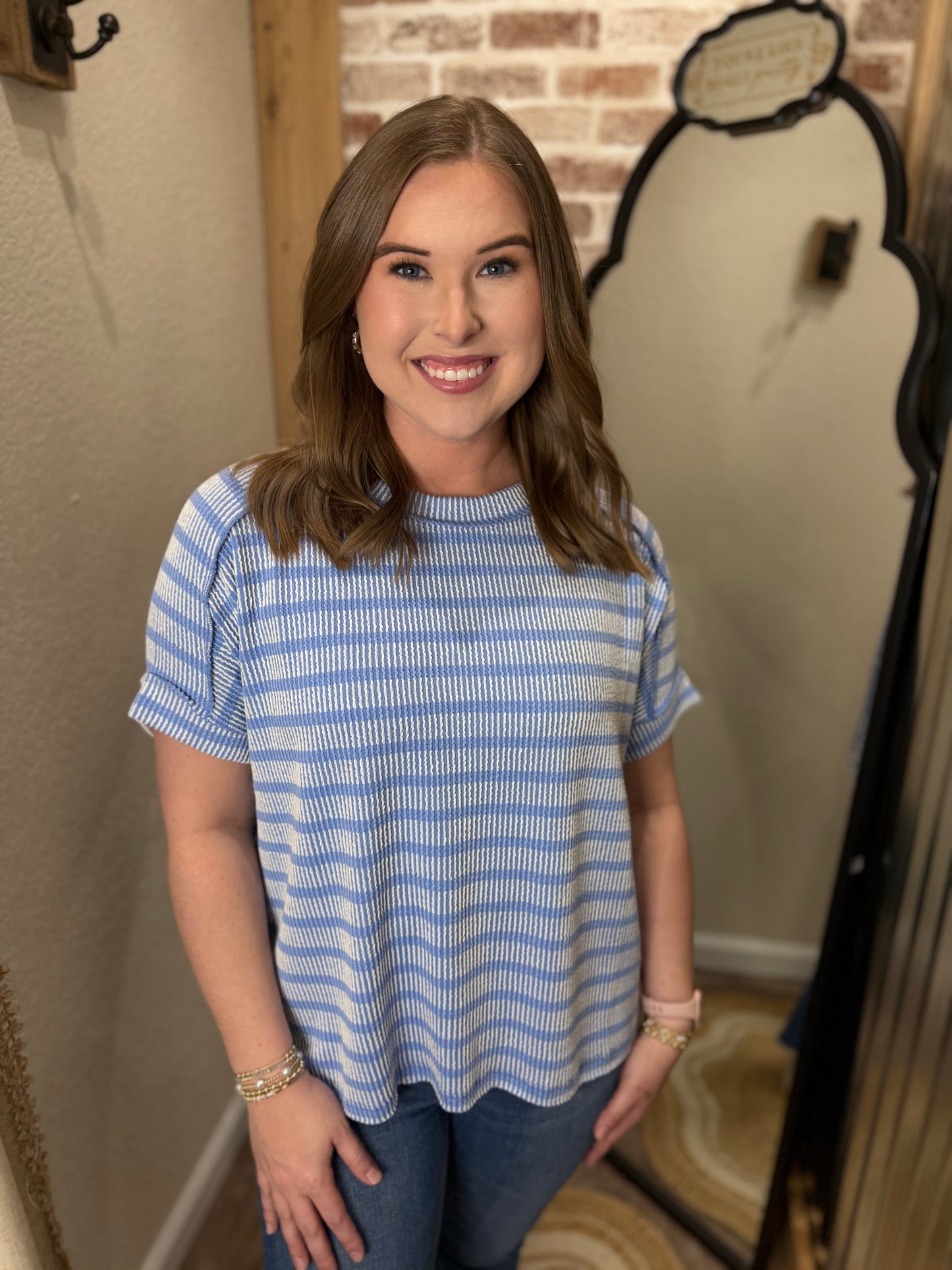 CORNFLOWER BLUE | RAISED RIB STRIPED EXPOSED SEAM TOP