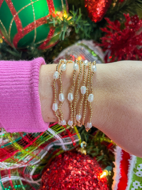 Set of 7 Gold & Pearl Beaded Bracelets